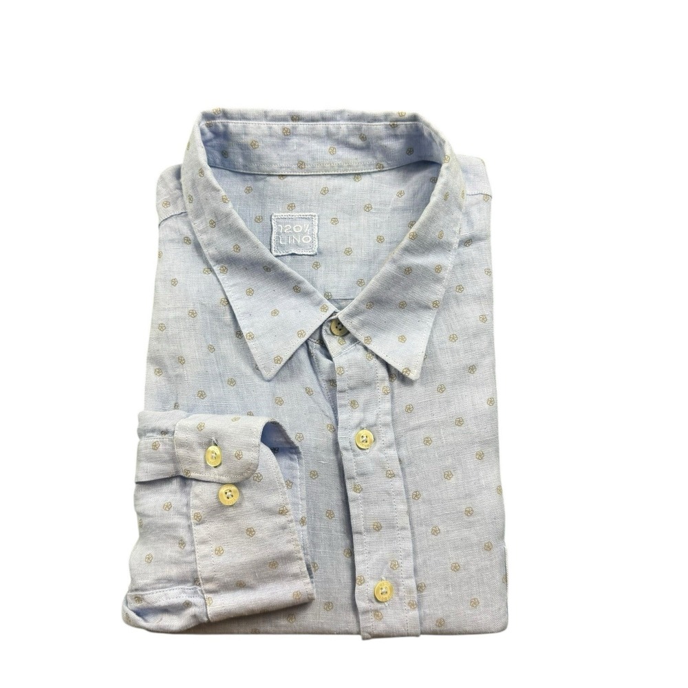 120% Lino Light Blue Brown Floral AOP Pure Linen Mens Button Front Shirt 4XL